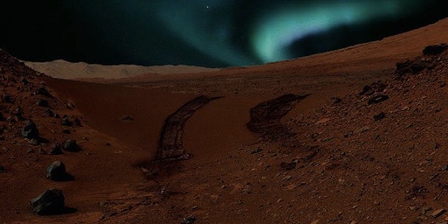 This artist's conception shows auroras visible on Mars caused by magnetic anomalies. Even brighter Martian auroras may light the sky in regions with no magnetic field at all.