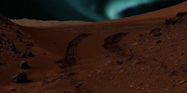 This artist's conception shows auroras visible on Mars caused by magnetic anomalies. Even brighter Martian auroras may light the sky in regions with no magnetic field at all.