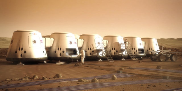 Artist's depiction of Mars One astronauts and their colony on the Red Planet.