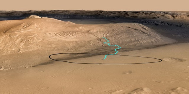 This NASA graphic released before the Mars rover Curiosity's Aug. 5, 2012, landing shows one possible route up the nearby Mount Sharp inside Gale Crater.The blue line indicates the potential driving route to geological destinations identified f