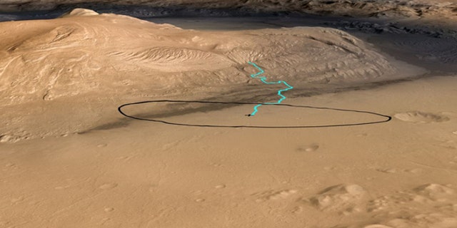This NASA graphic released before the Mars rover Curiosity's Aug. 5, 2012, landing shows one possible route up the nearby Mount Sharp inside Gale Crater.The blue line indicates the potential driving route to geological destinations identified f