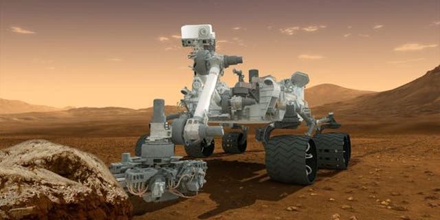 Artist’s concept depicts the NASA Mars Science Laboratory Curiosity rover, a nuclear-powered mobile robot for investigating the Red Planet’s past or present ability to sustain microbial life.
