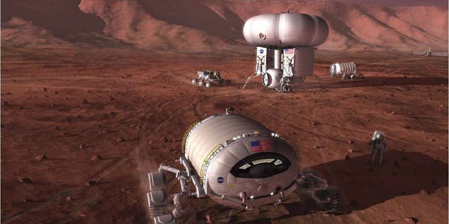 An artist's illustration of astronaut pioneers on Mars. Building a self-sustaining settlement on the Red Planet will require taking advantage of native Martian resources, exploration advocates stress.