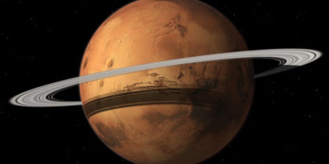 Mars could gain a ring in 10-20 million years when its moon Phobos is torn to shreds by Mars gravity. Image by Tushar Mittal using Celestia 2001-2010, Celestia Development Team.