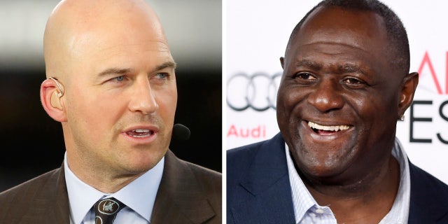 Left: Matt Hasselbeck talks during ESPN's Monday Night Countdown. Right: Two-time Super Bowl champion Leonard Marshall smiles at a screening of the film "Concussion."