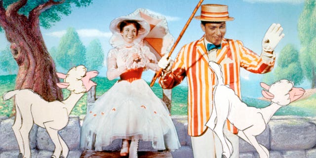 This promotional photo provided by Disney Home Entertainment shows actors Julie Andrews as Mary Poppins and Dick Van Dyke as Bert in a scene from the 40th anniversary edition of the Disney DVD. (AP Photo/Disney Home Entertainment)