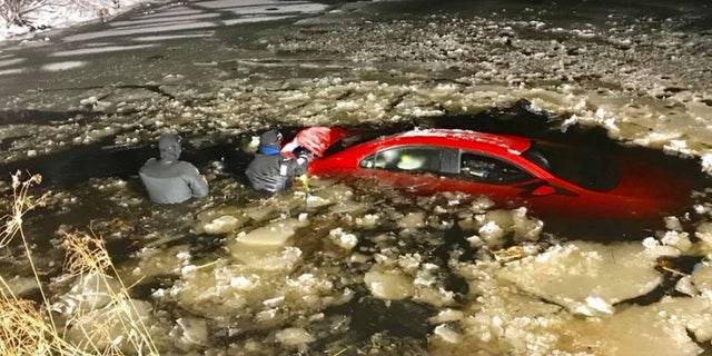 A man survived after crashing his car into a pond in Massachusetts, thanks to the help of firefighters and a plow driver who was at the right place at the right time.