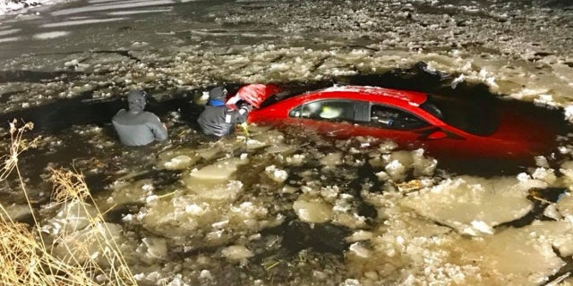 A man survived after crashing his car into a pond in Massachusetts, thanks to the help of firefighters and a plow driver who was at the right place at the right time.