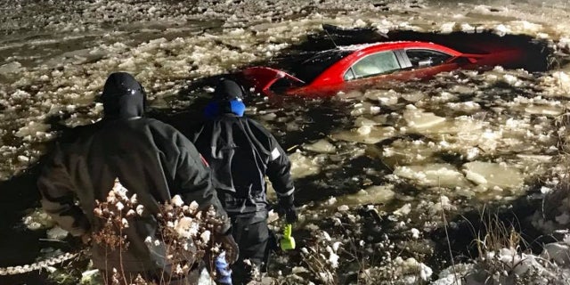 A man survived after crashing his car into a pond in Massachusetts, thanks to the help of firefighters and a plow driver who was at the right place at the right time.