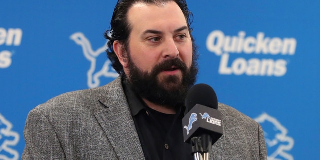 Detroit Lions coach Matt Patricia addresses reporters at the NFL football team's training facility in Allen Park, Mich., April 27, 2018.