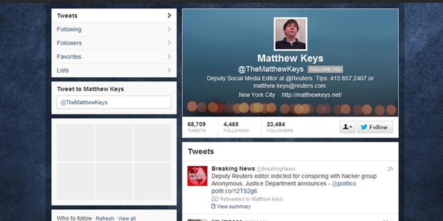 This screengrab taken on March 14, 2013 shows the Twitter account of Matthew Keys. At the top of the page is a retweet of a story detailing Keys' indictment.