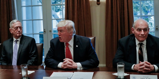 President Trump speaks during a briefing with senior military leaders at the White House.