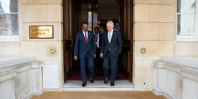 Defense Secretary Jim Mattis with the Somali president at a May 11 conference in London.