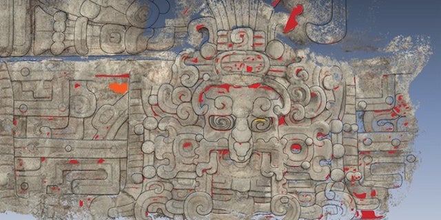 A tracing of an artistic representation of the Maya sun god found on the north side of the Diablo Pyramid at El Zotz, an archaeological site in Guatemala.