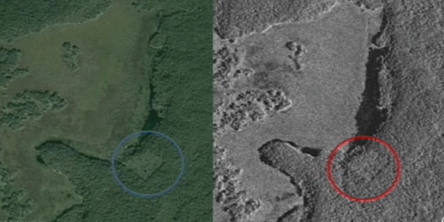 These undated images show possible man-made structures in Mexico's Yucatan Peninsula that may be a lost Mayan city