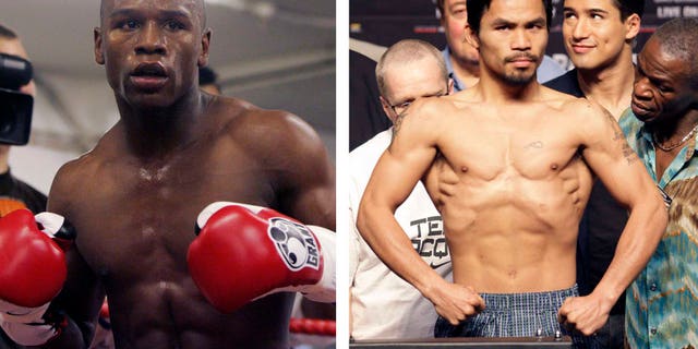 Floyd Mayweather Jr. will meet Manny Pacquiao on May 2, 2015 in a welterweight showdown that will be boxing's richest fight ever. Mayweather himself announced the bout Friday, Feb. 20, 2015 after months of negotiations, posting a picture of the signed contract online. (AP Photos/Alastair Grant and Rick Bowmer, File)