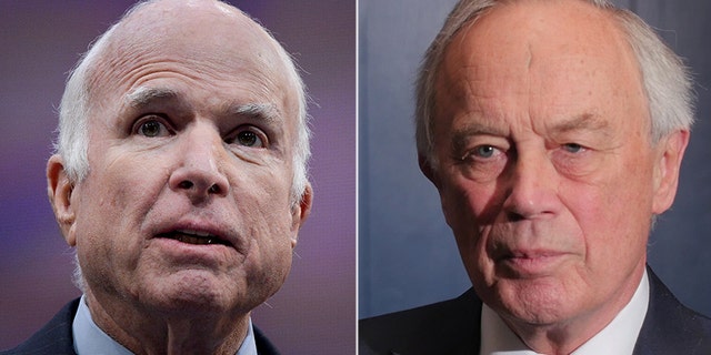 Sir Andrew Wood, right, says he acted as a “go-between” last year to inform Sen. John McCain, left, about the controversial “dossier” containing allegations about then-candidate Donald Trump.
