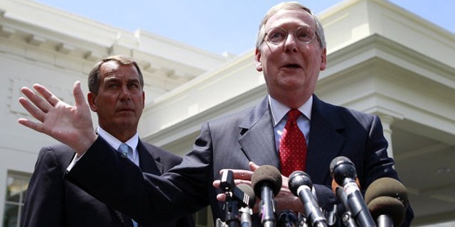 Senate Minority Leader Mitch McConnell, right, and House Minority Leader John Boehner are shown outside the White House June 10. (Reuters Photo)