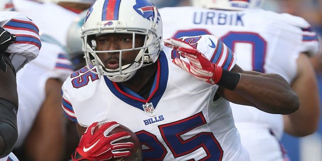 Buffalo Bills running back LeSean McCoy (25) runs with the ball during a preseason NFL football game against the Carolina Panthers, Friday, August 14, 2015 in Orchard Park, NY. The Panthers won the game 25-24. (AP Photo/Paul Jasienski)