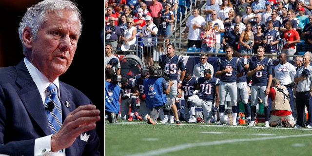 South Carolina Gov. Henry McMaster, left, and kneeling New England Patriots players.