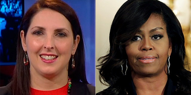 RNC Chairwoman Ronna McDaniel, at left (Fox News), said former first lady Michelle Obama, at right(Reuters), made a 'false accusation' about the GOP.