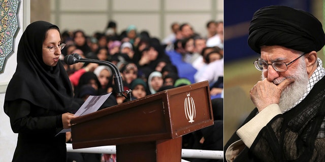 Sahar Mehrabi, left, reads her speech during a meeting with Supreme Leader Ayatollah Khamenei in Tehran, Iran.
