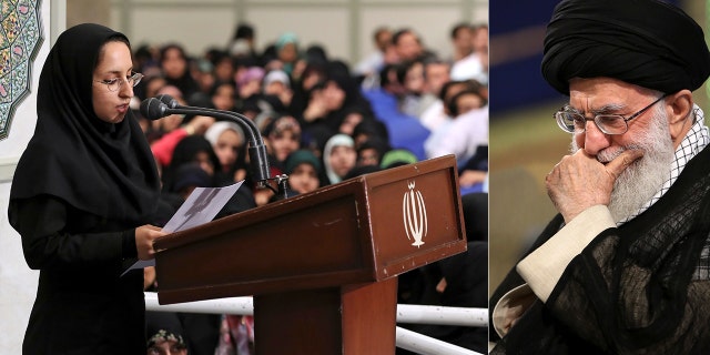 Sahar Mehrabi, left, reads her speech during a meeting with Supreme Leader Ayatollah Khamenei in Tehran, Iran.