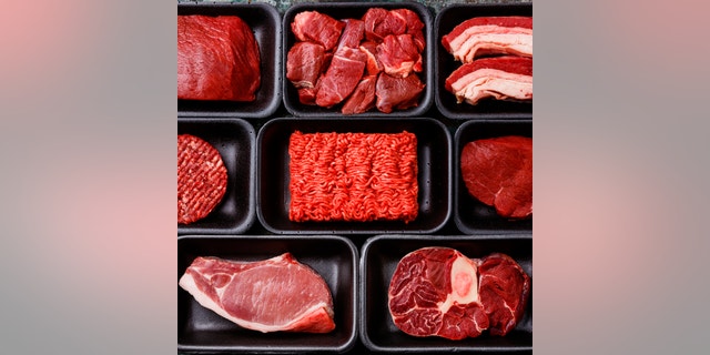 Different types of meat in plastic boxes packaging tray