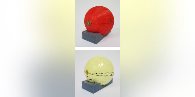 Superconducting layer surrounded by the plastic former to hold the ferromagnetic pieces. (Bottom) Final aspect of the wormhole including a plastic protection in yellow.