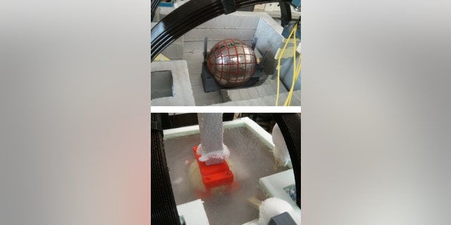 Experiments to confirm the magnetic properties of the wormhole, before (top) and after (bottom) filling some liquid nitrogen needed to cool the superconducting parts.