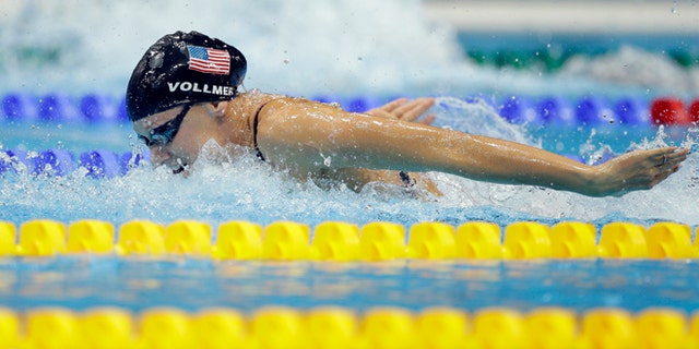 Aug. 4, 2012: United States' Dana Vollmer swims in the women's 4 x 100-meter medley relay final at the Aquatics Centre in the Olympic Park during the 2012 Summer Olympics in London.
