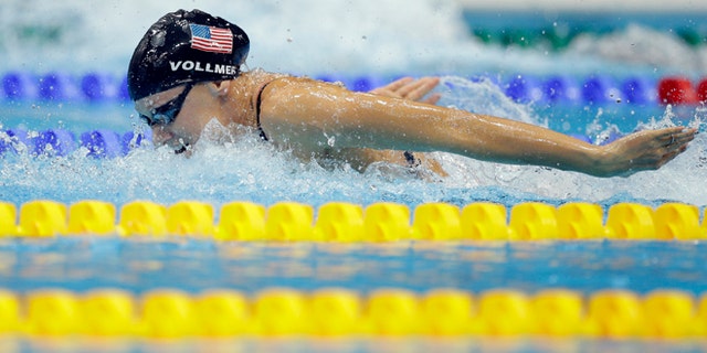 Aug. 4, 2012: United States' Dana Vollmer swims in the women's 4 x 100-meter medley relay final at the Aquatics Centre in the Olympic Park during the 2012 Summer Olympics in London.