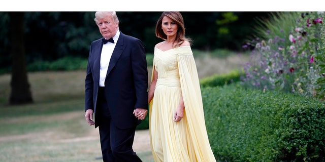 President Donald Trump and first lady Melania Trump leave Winfield House, residence of the U.S. Ambassador, before boarding Marine One helicopter for the flight to nearby Blenheim Palace, Thursday, July 12, 2018, in London.