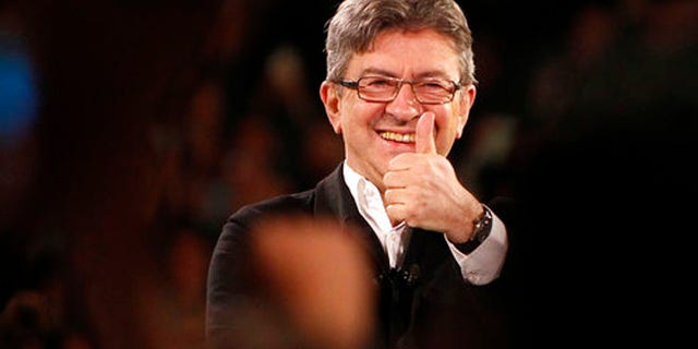 April 12, 2017: French left-wing party leader and candidate for the 2017 presidential election, Jean-Luc Melenchon gestures during a meeting in Lille, northern France.