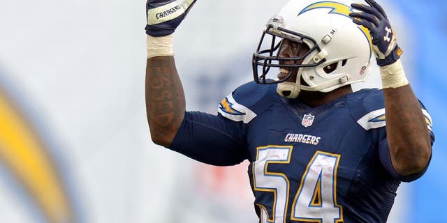 Nov 23, 2014; San Diego, CA, USA; San Diego Chargers outside linebacker Melvin Ingram (54) fires the crowd up against the St. Louis Rams during the fourth quarter at Qualcomm Stadium. Mandatory Credit: Jake Roth-USA TODAY Sports