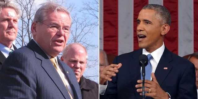 This Friday, Jan. 16, 2015 photo shows U.S. Sen. Robert Menendez at a news conference in Union Beach, N.J. and in this Tuesday, Jan. 20, 2015 photo, President Barack Obama delivers his State of the Union address to a joint session of Congress on Capitol Hill in Washington.
