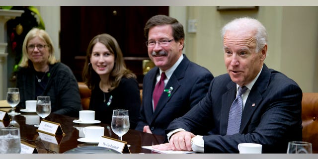 Vice President Biden speaks during a photo opportunity before a meeting with Newtown shooting family members and supporters, Tuesday, Dec. 10, 2013.