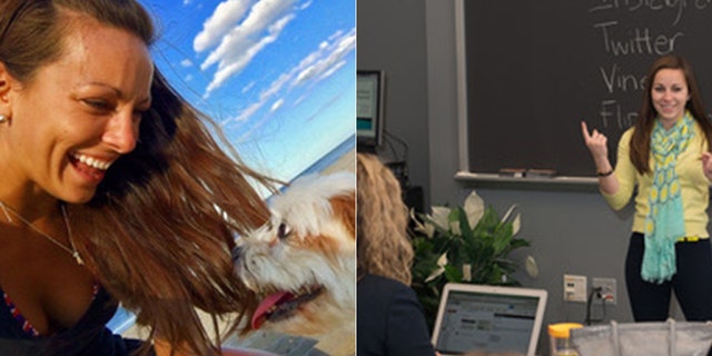 Meredith Chapman with her dog, Indy, and teaching in a classroom.