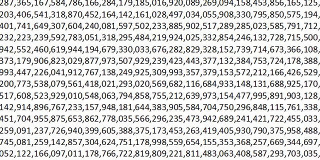 A small portion of the 17 million digits in the number 2 multiplied by itself 57,885,161 times minus 1 -- the first Mersenne prime discovered in four years.