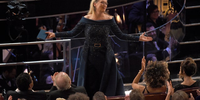 Meryl Streep stands for applause at the Oscars on Sunday, Feb. 26, 2017, at the Dolby Theatre in Los Angeles.