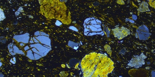 A thin slice of ejecta deposited on the Isle of Skye, Scotland, 60 million years ago.