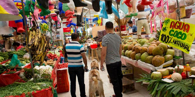 Men shop along with their dog inside Mercado Medellin in Mexico City, Friday, May 20, 2016. Mexico is lowering its economic growth forecast for 2016, citing what it calls "adverse" international conditions including sluggish industrial production in the United States. (AP Photo/Rebecca Blackwell)
