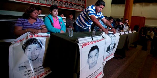 Parents of missing students attend the press conference in Mexico, City, Tuesday Jan. 27, 2015.