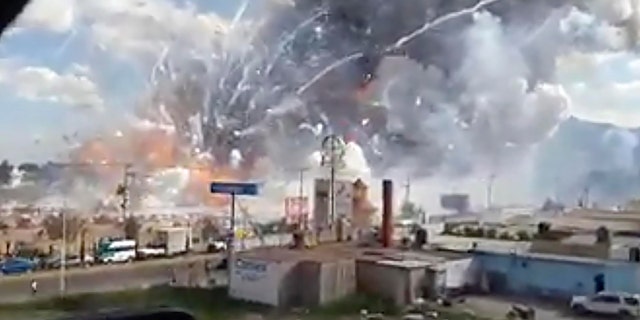 This image made from video shows an explosion ripping through the San Pablito fireworks' market in Tultepec, Mexico, Tuesday, Dec. 20, 2016.