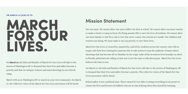 A screenshot of the "March for Our Lives" website with their mission statement.