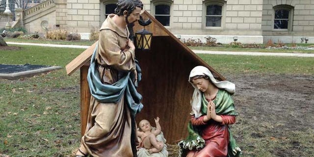 December 19, 2014: A nativity scene is displayed on December 19, 2014 in the grounds of the State House in Lansing, Michigan.