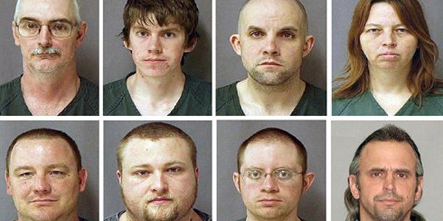 March 29, 2010: This combo of eight photos provided by the U.S. Marshals Service on shows from top left, David Brian Stone Sr., 44, of Clayton, Mich,; David Brian Stone Jr. of Adrian, Mich,; Jacob Ward, 33, of Huron, Ohio; Tina Mae Stone and bottom row from left, Michael David Meeks, 40, of Manchester, Mich,; Kristopher T. Sickles, 27, of Sandusky, Ohio; Joshua John Clough, 28, of Blissfield, Mich.; and Thomas William Piatek, 46, of Whiting, Ind., suspects tied to Hutaree, a Christian militia.