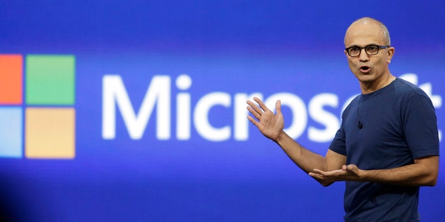 April 2, 2014: Microsoft CEO Satya Nadella gestures during the keynote address of the Build Conference in San Francisco.