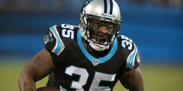CHARLOTTE, NC - DECEMBER 15: Fullback Mike Tolbert #35 of the Carolina Panthers has a long gain against the New York Jets at Bank of America Stadium on December 15, 2013 in Charlotte, North Carolina. (Photo by Al Pereira/New York Jets/Getty Images)