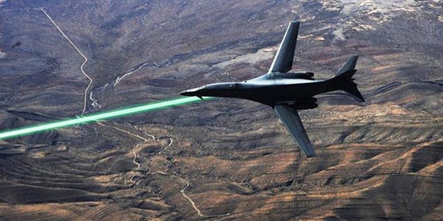 A mockup photo of how a B-1 bomber might deploy a laser weapon.